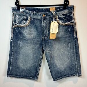GS115 Mens Bruce Slim Fit Jean Shorts Jorts Blue Distress Denim Embroidery 39/13